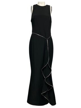 BRANDON MAXWELL BLACK / SILVER ZIPPER DETAIL SLEEVELESS CREPE GOWN / MAXI DRESS